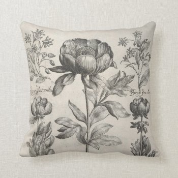 Vintage Black And White Botanical Flowers Floral Throw Pillow by iBella at Zazzle