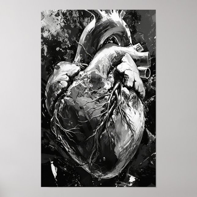 Vintage Black and White Broken Heart Illustration  Poster (Front)