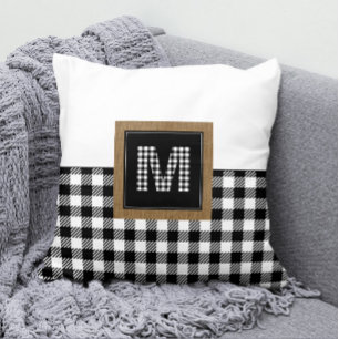 Vintage Black and White Buffalo Plaid Monogram Throw Pillow