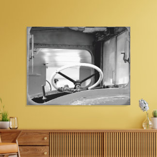 Vintage Black and White Bus Steering Wheel Canvas Print