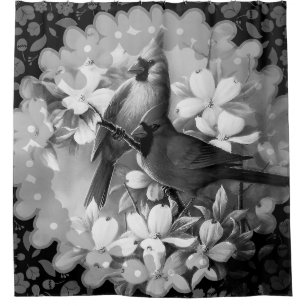 Vintage Black and White Cardinal Birds Shower Curtain