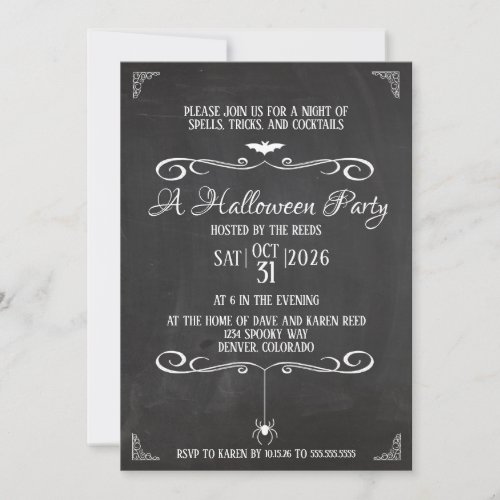Vintage Black and White Chalkboard Halloween Party Invitation