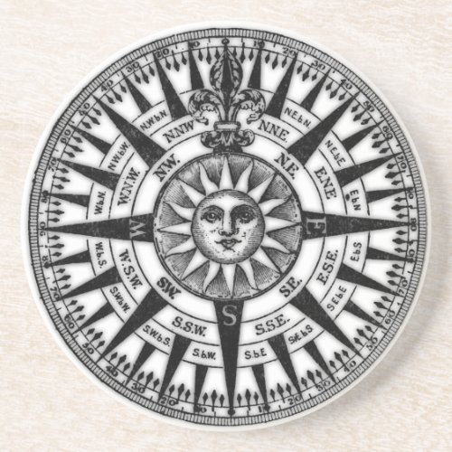 Vintage Black and White Compass Rose Sun Drink Coaster