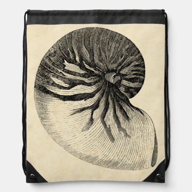 Vintage Black and White Conch Shell Drawstring Bag (Front)