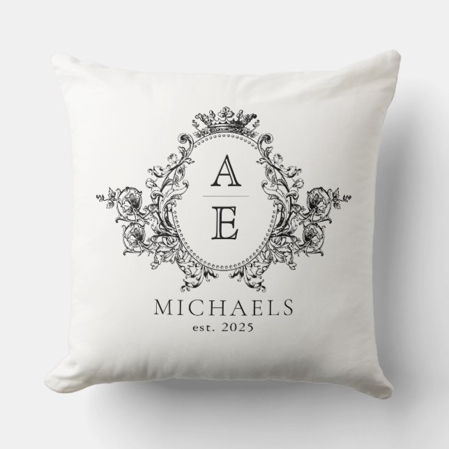Vintage Black and White Crest Monogram  Throw Pillow (Front)