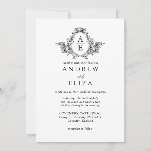 Vintage Black and White Crest Monogram Wedding Invitation