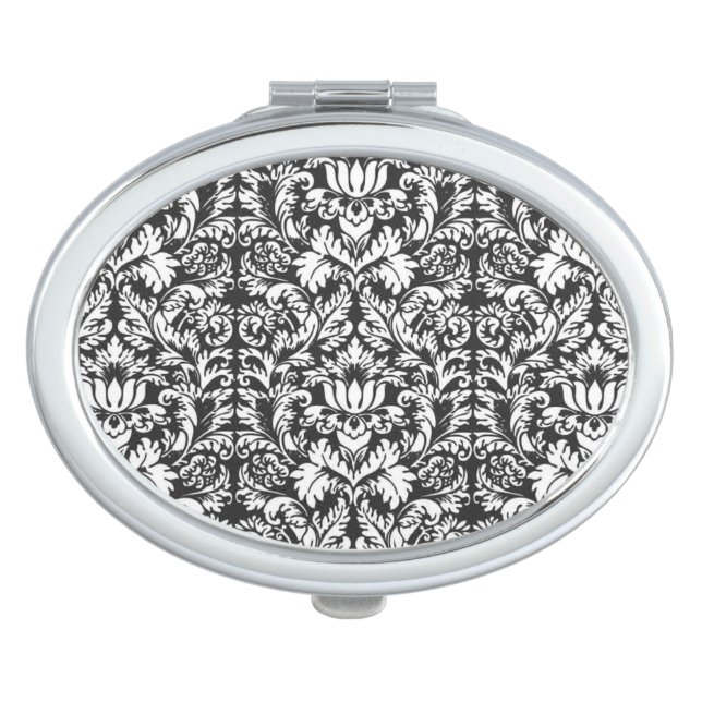 Vintage Black and White Damask Lace Brocade Makeup Mirror (Front)