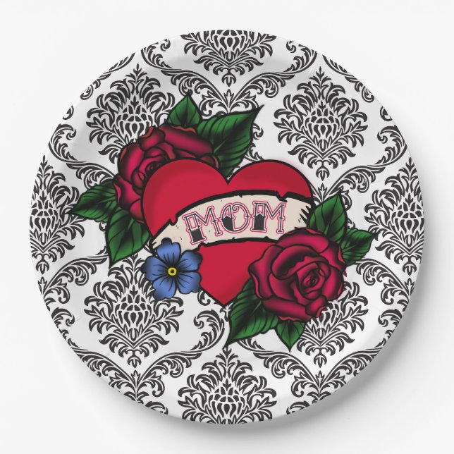 Vintage Black and White Damask Mom Paper Plates (Front)