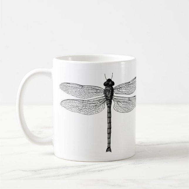 Vintage Black and White Dragonfly Illustration Coffee Mug (Left)