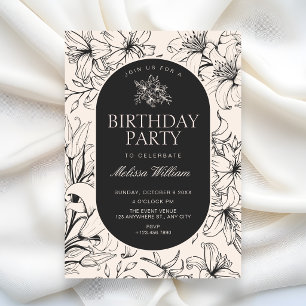 Vintage black and white elegant floral birthday invitation