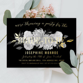 Vintage Black And White Floral Gold Foil Invitation by beckynimoy at Zazzle