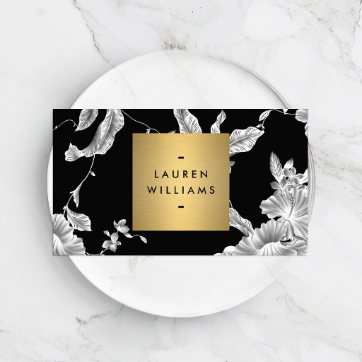 Customizable Elegant Black Floral Pattern 3 with Gold Name Logo Business Card Templates