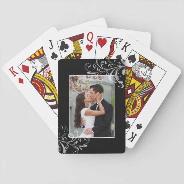 Vintage Black and White Floral Photo Wedding Playing Cards (Back)