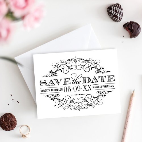 Vintage Black and White Flourish Wedding Save The Date