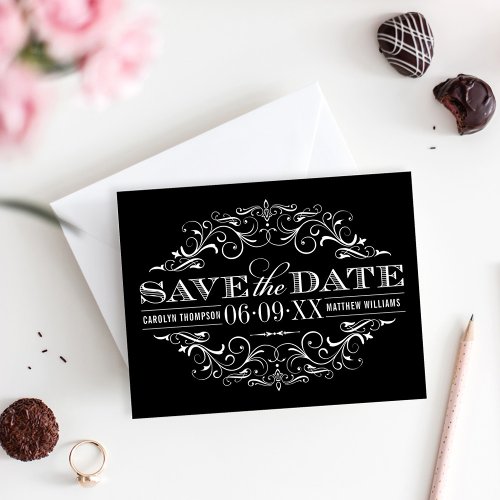 Vintage Black and White Flourish Wedding Save The Date