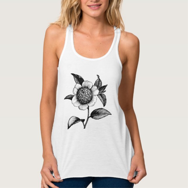 Vintage Black and White Flower Illustration Tank Top (Front)