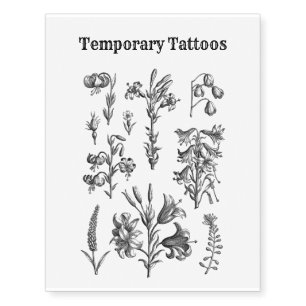 Vintage Black and White Flower Set Black Line Temporary Tattoos