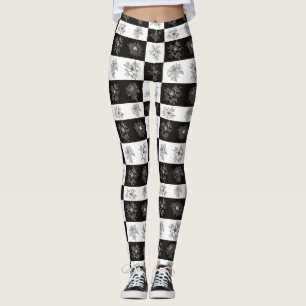 Vintage Black and white flowers checkered pattern Leggings