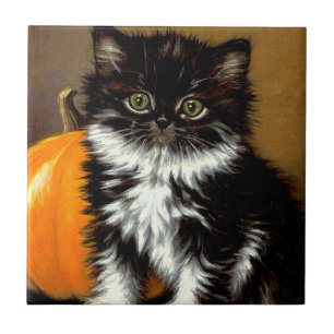 Vintage Black and White Halloween Cat Ceramic Tile