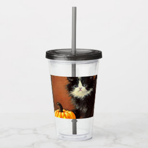 Vintage Black and White Halloween Kitten Acrylic Tumbler