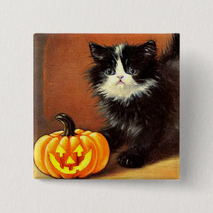 Vintage Black and White Halloween Kitten Button