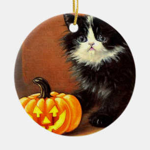 Vintage Black and White Halloween Kitten Ceramic Ornament