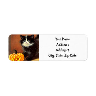 Vintage Black and White Halloween Kitten Label