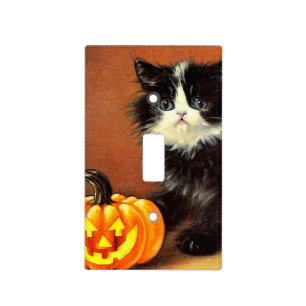 Vintage Black and White Halloween Kitten Light Switch Cover