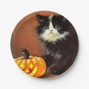 Vintage Black and White Halloween Kitten Paper Plates
