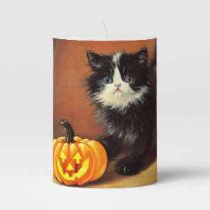 Vintage Black and White Halloween Kitten Pillar Candle