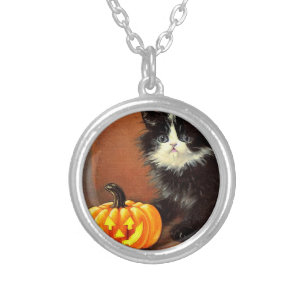 Vintage Black and White Halloween Kitten Silver Plated Necklace