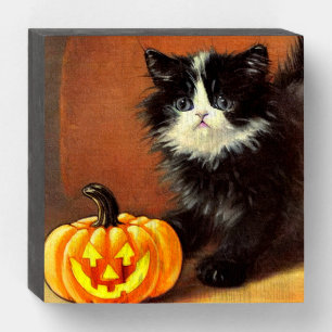 Vintage Black and White Halloween Kitten Wooden Box Sign