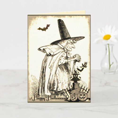 Vintage black and White Halloween Witch Card