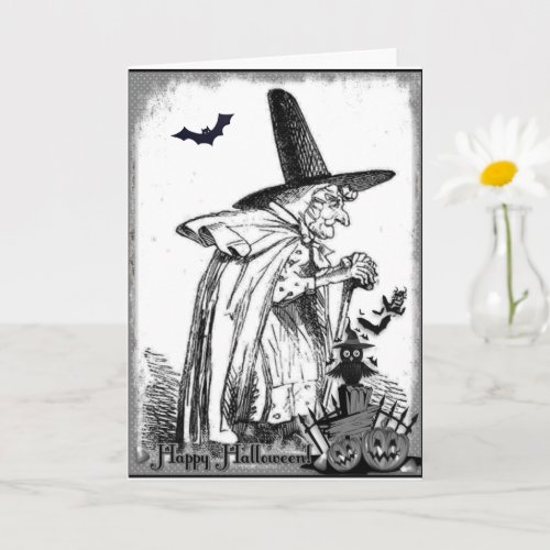 Vintage black and White Halloween Witch Card