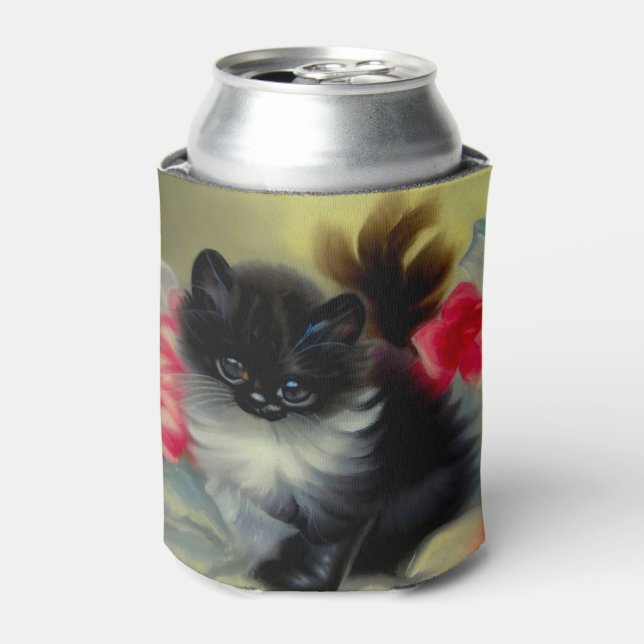 Vintage Black and White Kitten Painting Can Cooler (Can Front)