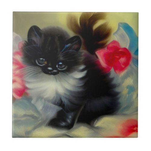 Vintage Black and White Kitten Painting Ceramic Tile