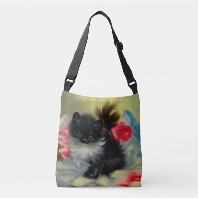 Vintage Black and White Kitten Painting Crossbody Bag (Front)