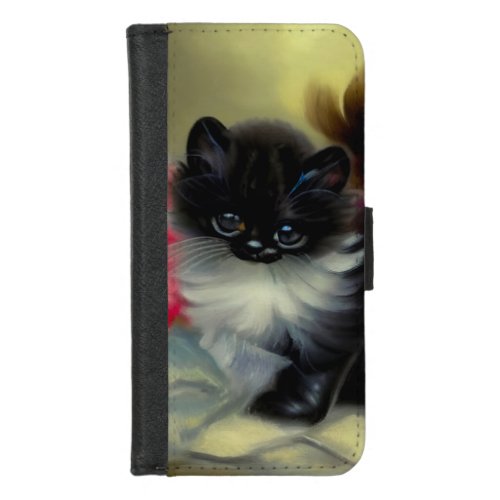 Vintage Black and White Kitten Painting iPhone 87 Wallet Case