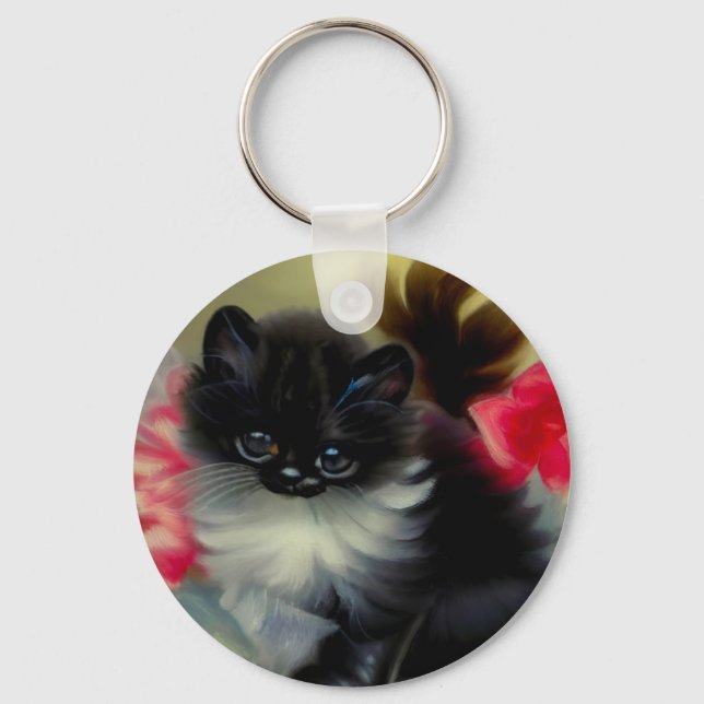 Vintage Black and White Kitten Painting Keychain (Front)
