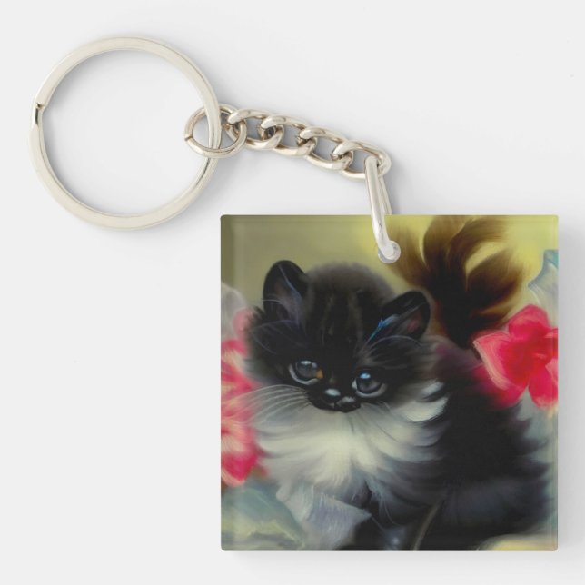 Vintage Black and White Kitten Painting Keychain (Front)