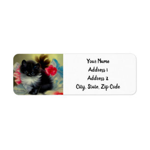 Vintage Black and White Kitten Painting Label