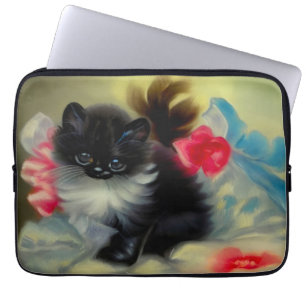 Vintage Black and White Kitten Painting Laptop Sleeve