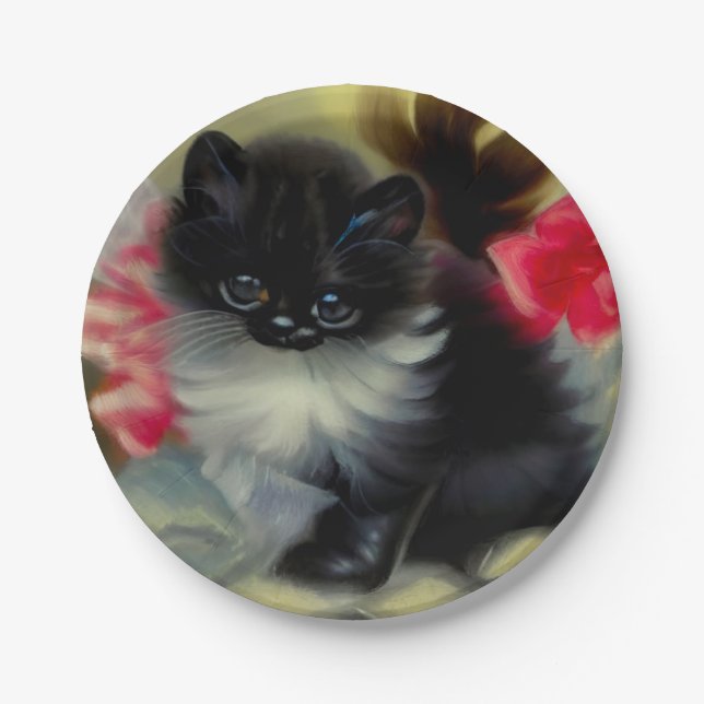 Vintage Black and White Kitten Painting Paper Plates (Front)