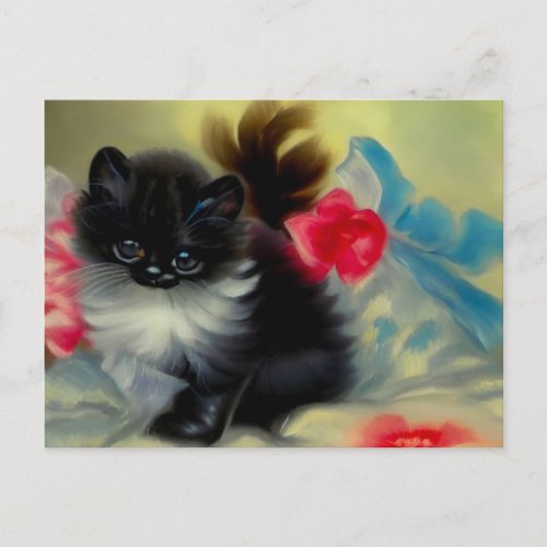 Vintage Black and White Kitten Painting Postcard