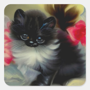 Vintage Black and White Kitten Painting Square Sticker