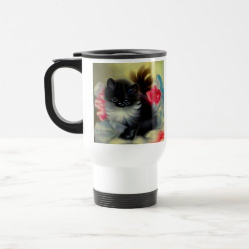 Vintage Black and White Kitten Painting Travel Mug