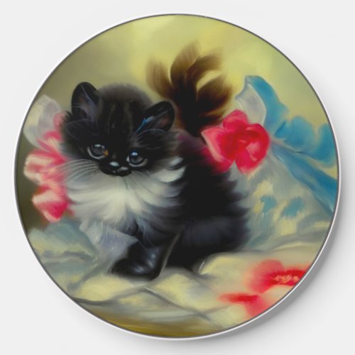 Vintage Black and White Kitten Painting Wireless Charger