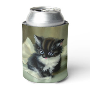 Vintage Black and White Kitten Tongue Sticking Out Can Cooler