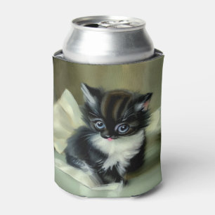 Vintage Black and White Kitten Tongue Sticking Out Can Cooler