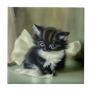 Vintage Black and White Kitten Tongue Sticking Out Ceramic Tile